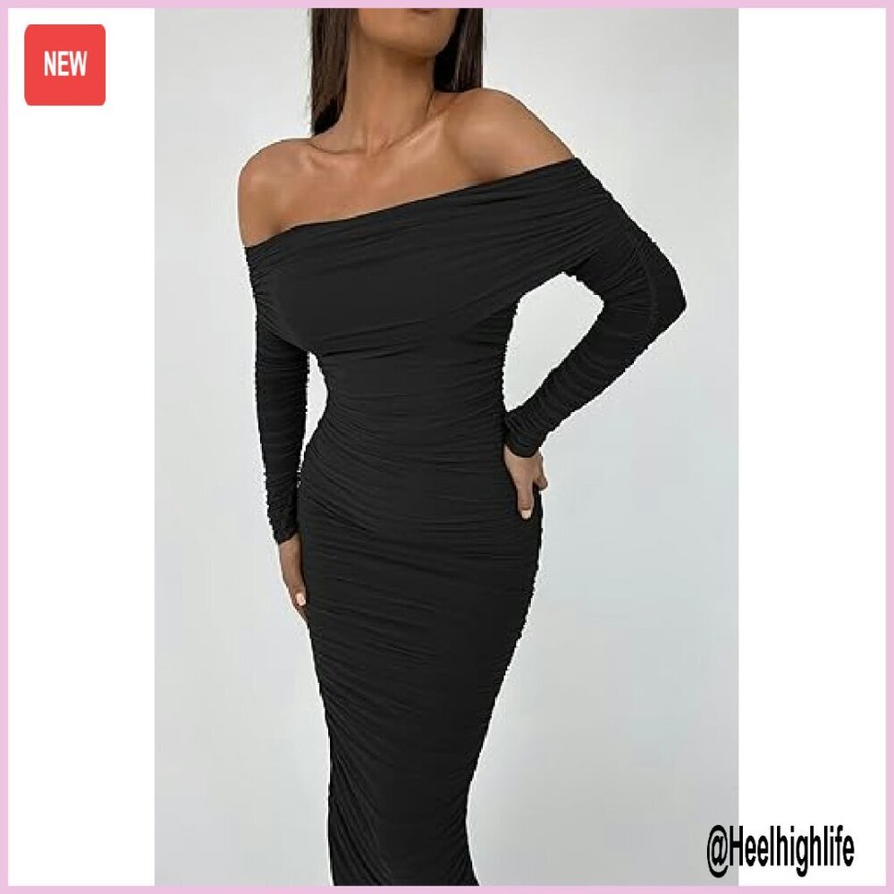 Long Sleeve Off Shoulder Maxi Dress Bodycon Ruched Slit Formal Club - Picture 7 of 8